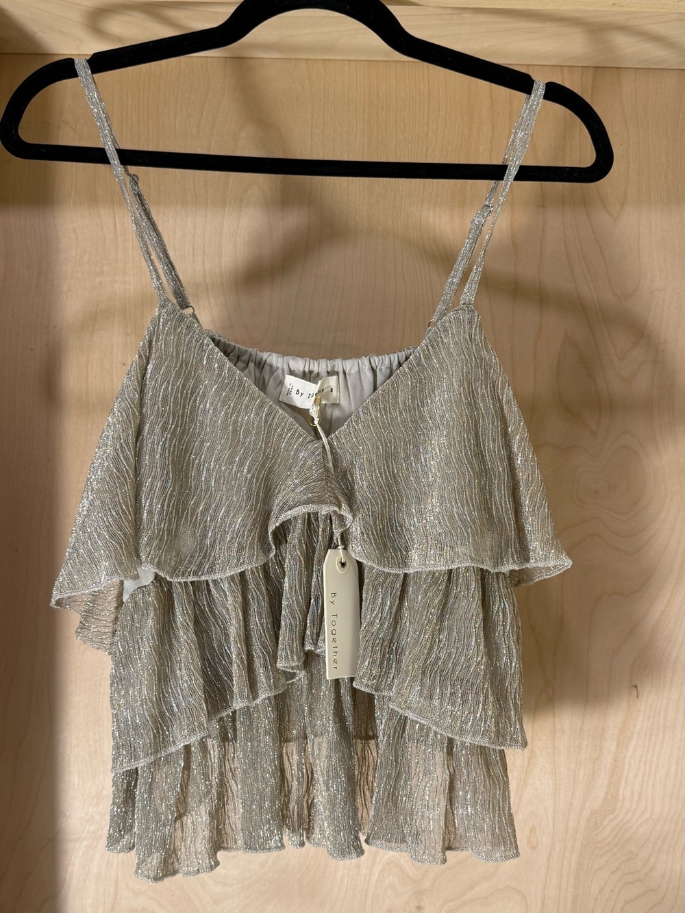 By Together Layered Silver Ruffle Spaghetti-Strap Top Size Small New